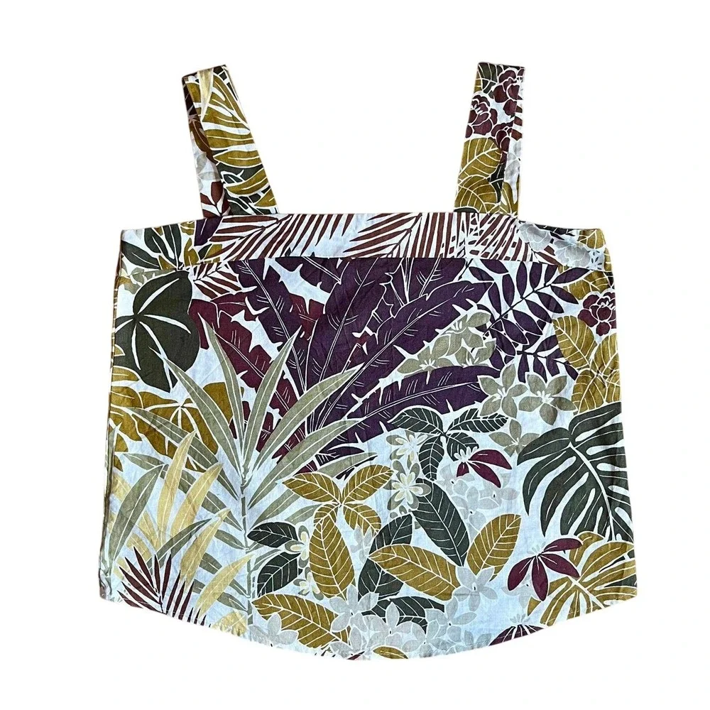 Vintage 60s 70s Tropical Botanical 2 Piece Set Tank Top & Pleated Midi Skirt - Picture 2 of 8